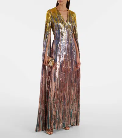 Elie Saab Cape-effect Sequined Tulle Gown In Multi