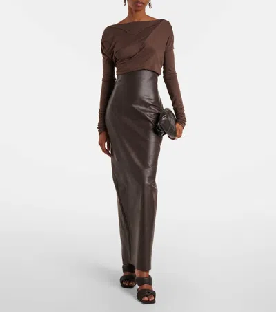 Rick Owens Panelled Leather Midi Skirt In Brown