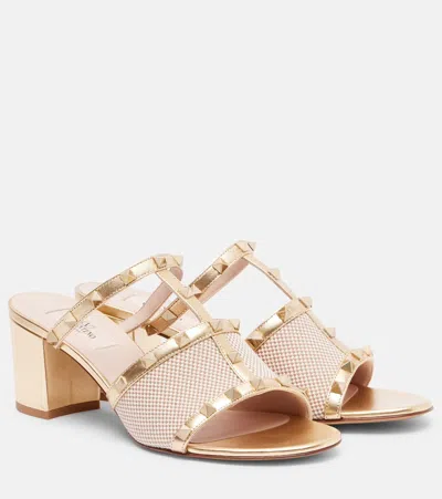 Valentino Rockstud 80 Leather-trimmed Mules In Neutral