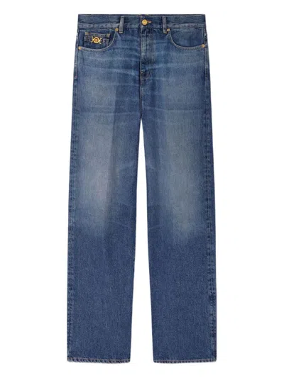 Versace Straight Trousers With Pockets And Loops In Blue