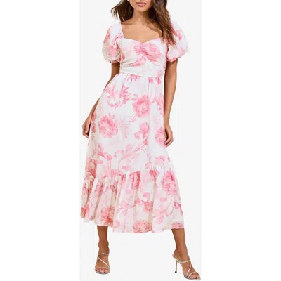 Lipsy Floral Print Puff Sleeve Midi Dress In Pink
