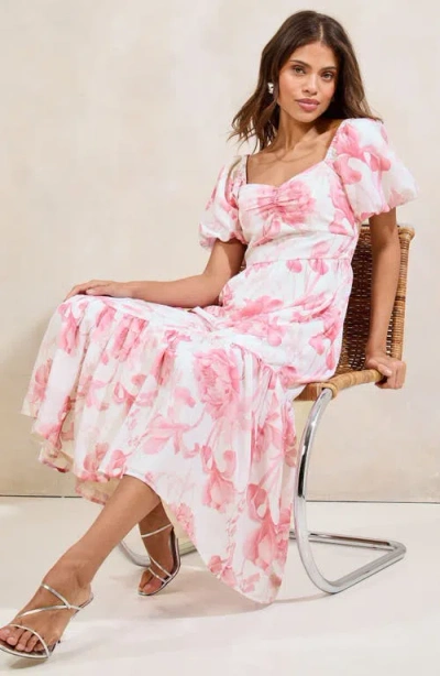 Lipsy Floral Print Puff Sleeve Midi Dress In Pink