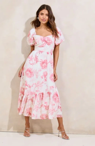 Lipsy Floral Print Puff Sleeve Midi Dress In Pink