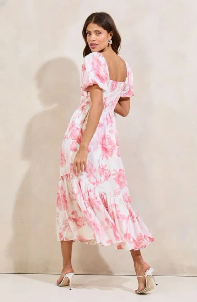 Lipsy Floral Print Puff Sleeve Midi Dress In Pink