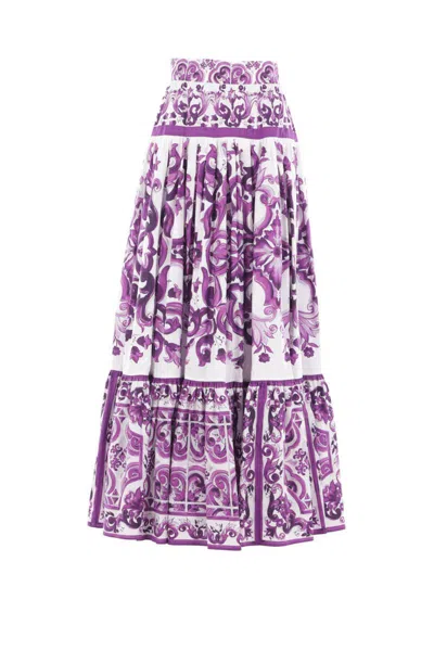 Dolce & Gabbana Violet Long Skirt With Ruffle Hem And All-over Floral Motif In Cotton Woman In Purple