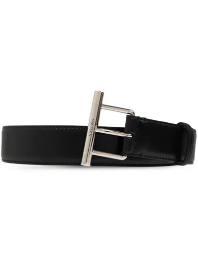 Alexander Mcqueen Black Calfskin Leather Belt With Silver Buckle