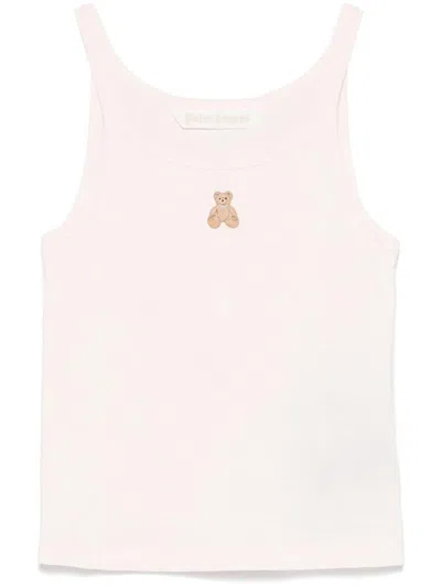 Palm Angels White T-shirt In Cotton With Teddy Sleeveless In Pink