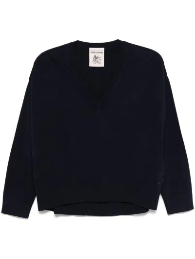 Semicouture Semi Couture Relaxed Fit Deep V-neck Blue Sweater In Black