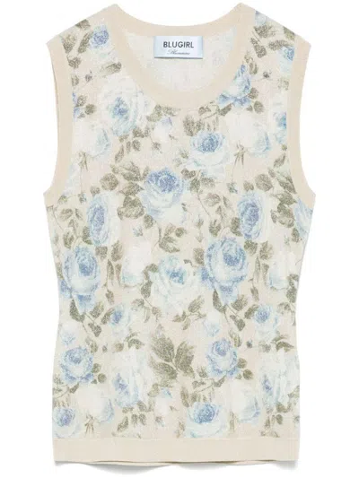 Blumarine Beige Knit Vest With Floral Print