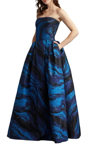Tadashi Shoji Metallic Swirl Print Strapless Gown In Blue