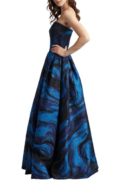 Tadashi Shoji Metallic Swirl Print Strapless Gown In Blue