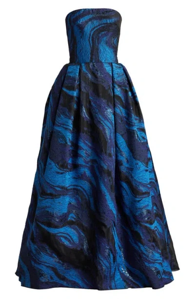 Tadashi Shoji Metallic Swirl Print Strapless Gown In Blue
