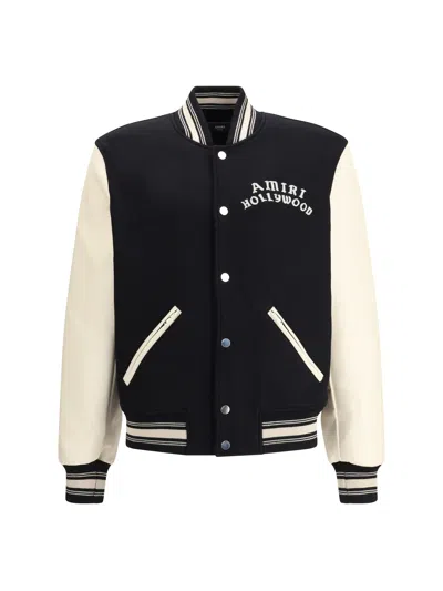 Amiri Mens Hollywood Embroidered-text Wool-leather Blend Bomber Jacket Black Xl In Black