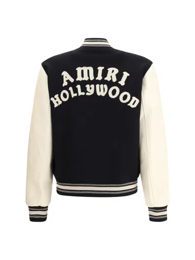 Amiri Mens Hollywood Embroidered-text Wool-leather Blend Bomber Jacket Black Xl In Black