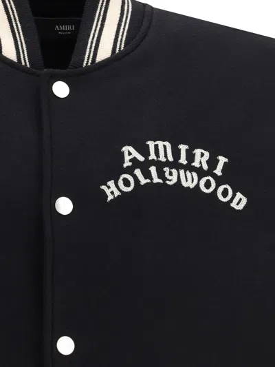 Amiri Mens Hollywood Embroidered-text Wool-leather Blend Bomber Jacket Black Xl In Black