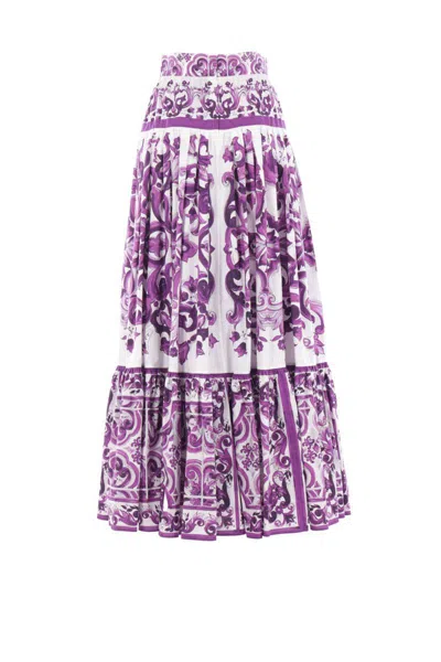 Dolce & Gabbana Violet Long Skirt With Ruffle Hem And All-over Floral Motif In Cotton Woman In Purple