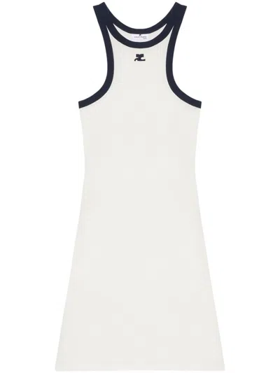 Courrèges White Cotton Mini Dress With Navy Blue Details And Halter Neck