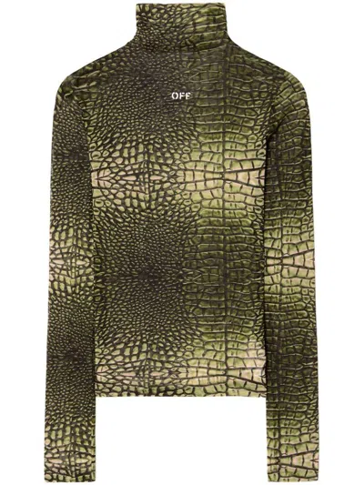 Off-white Green High-neck T-shirt With Crocodile-effect Print In Animal Print