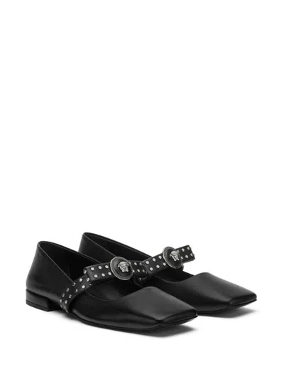 Versace Gianni Ribbon Leather Ballerina Flats With Studded Bow