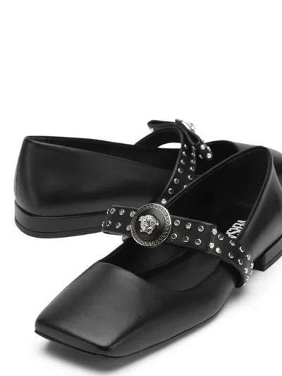 Versace Gianni Ribbon Leather Ballerina Flats With Studded Bow