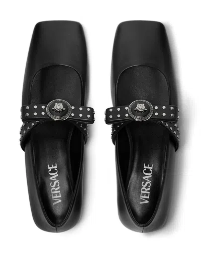 Versace Gianni Ribbon Leather Ballerina Flats With Studded Bow