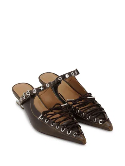 Ganni Brown Oleatex Mules With Laces