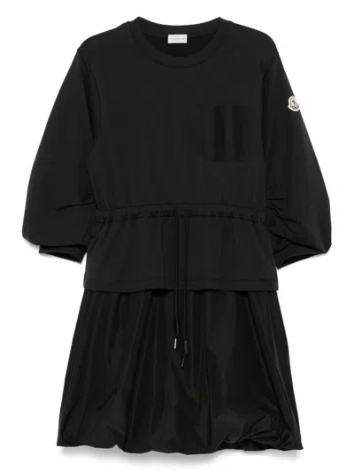 Moncler Black Dress With Elastic Waist And Logo Patch On The Sleeve In Tech Fabric Woman