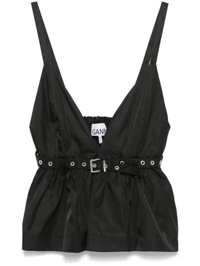Ganni Black V-neck Top With A Waistband Under The Bust In Black
