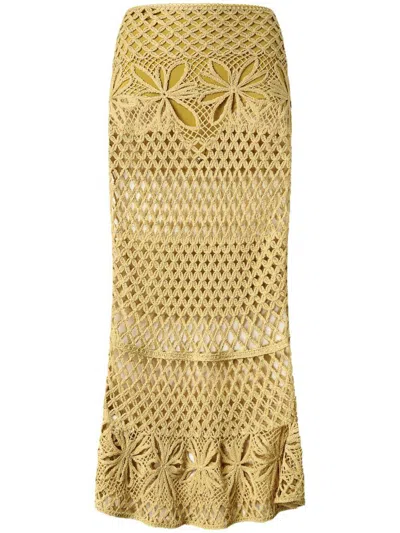 Pinko Long Crochet-effect Fitted Skirt With Floral Patterns In Orange