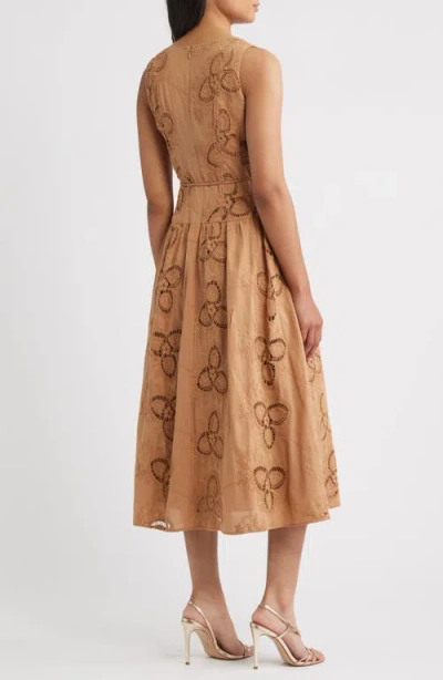 Anne Klein Embroidered Sleeveless Midi Dress In Brown