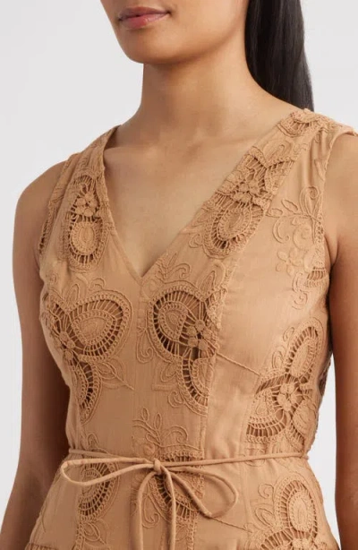 Anne Klein Embroidered Sleeveless Midi Dress In Brown