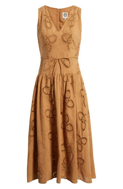Anne Klein Embroidered Sleeveless Midi Dress In Brown