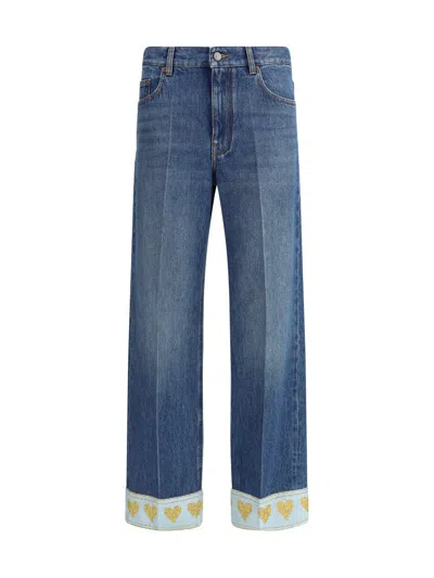 Valentino Heart Court Straight Jeans With Embroidered Hem