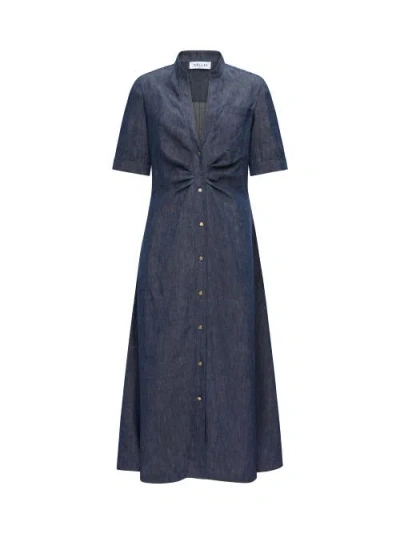 Callas Milano Noor V-neck Button Denim Midi Shirtdress In Blue