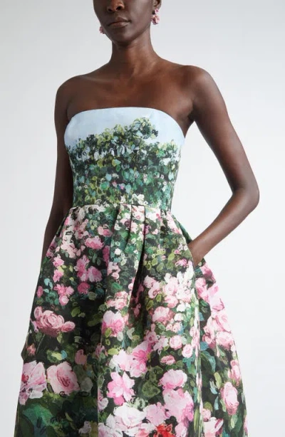 Oscar De La Renta Rose Field Strapless Silk Faille Cocktail Dress