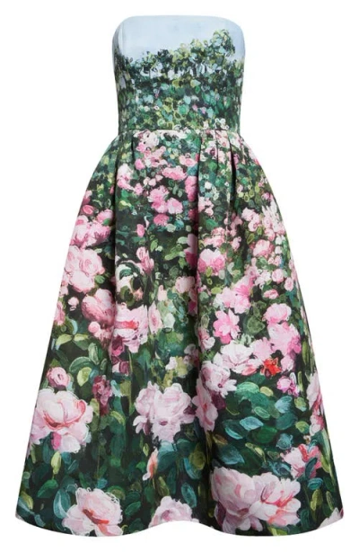 Oscar De La Renta Rose Field Strapless Silk Faille Cocktail Dress