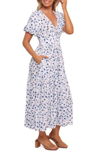 Petal And Pup Petal & Pup Roberts Floral Puff Sleeve Cotton Midi Dress In Blue