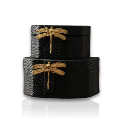 Marleth Gold / Black Dragonfly Black Leather Box Set With Brass Handles, Set Of Two