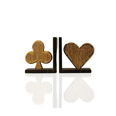Marleth Gold / Black Clover & Heart Bookend Set – Elegant Brass & Black Marble Decor