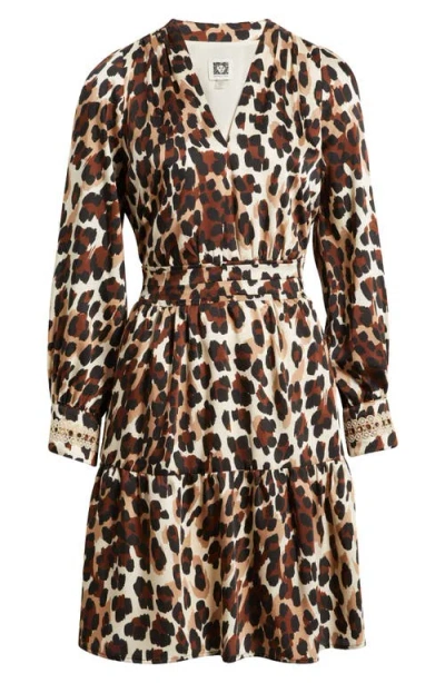 Anne Klein Long Sleeve Leopard Print Minidress In Animal Print