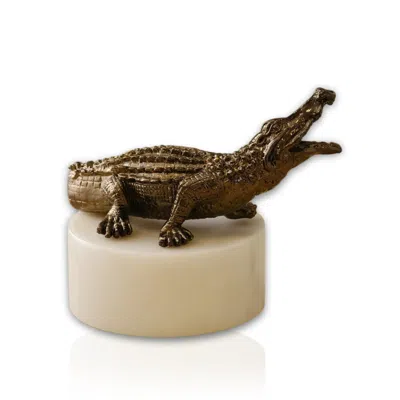 Marleth Gold Bronze Crocodile Decor, White Marble Base