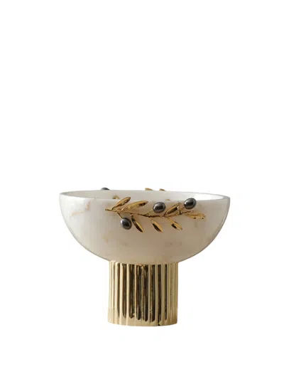 Marleth Gold / White Double Olive Inlay Pedestal Bowl – White Marble & Gold Accent