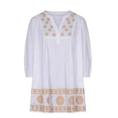 La Mandarine Women's Gold / White Kaftan, White Hand Embroidered Kaftan, Boho White Embroidered Beach Kaftan. Han