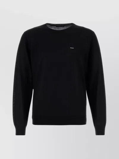 Prada Wool Crew Neck Sweater With Ribbed Cuffs In Black