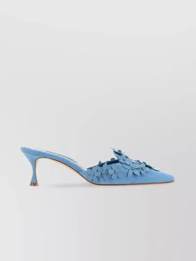 Manolo Blahnik Suede Mules With Floral Appliqué And Kitten Heel
