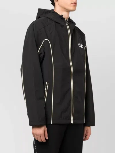 Diesel Contrast Piping Logo-patch Windbreaker In Black