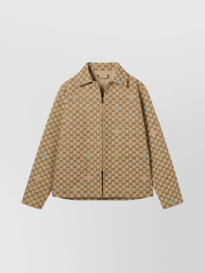 Gucci Beige Shirt With Spread Collar And Two Front Welt Pockets In Gg Canvas Man In Brown