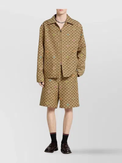 Gucci Beige Shirt With Spread Collar And Two Front Welt Pockets In Gg Canvas Man In Brown