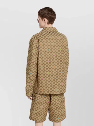 Gucci Beige Shirt With Spread Collar And Two Front Welt Pockets In Gg Canvas Man In Brown