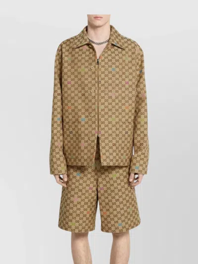 Gucci Beige Shirt With Spread Collar And Two Front Welt Pockets In Gg Canvas Man In Brown